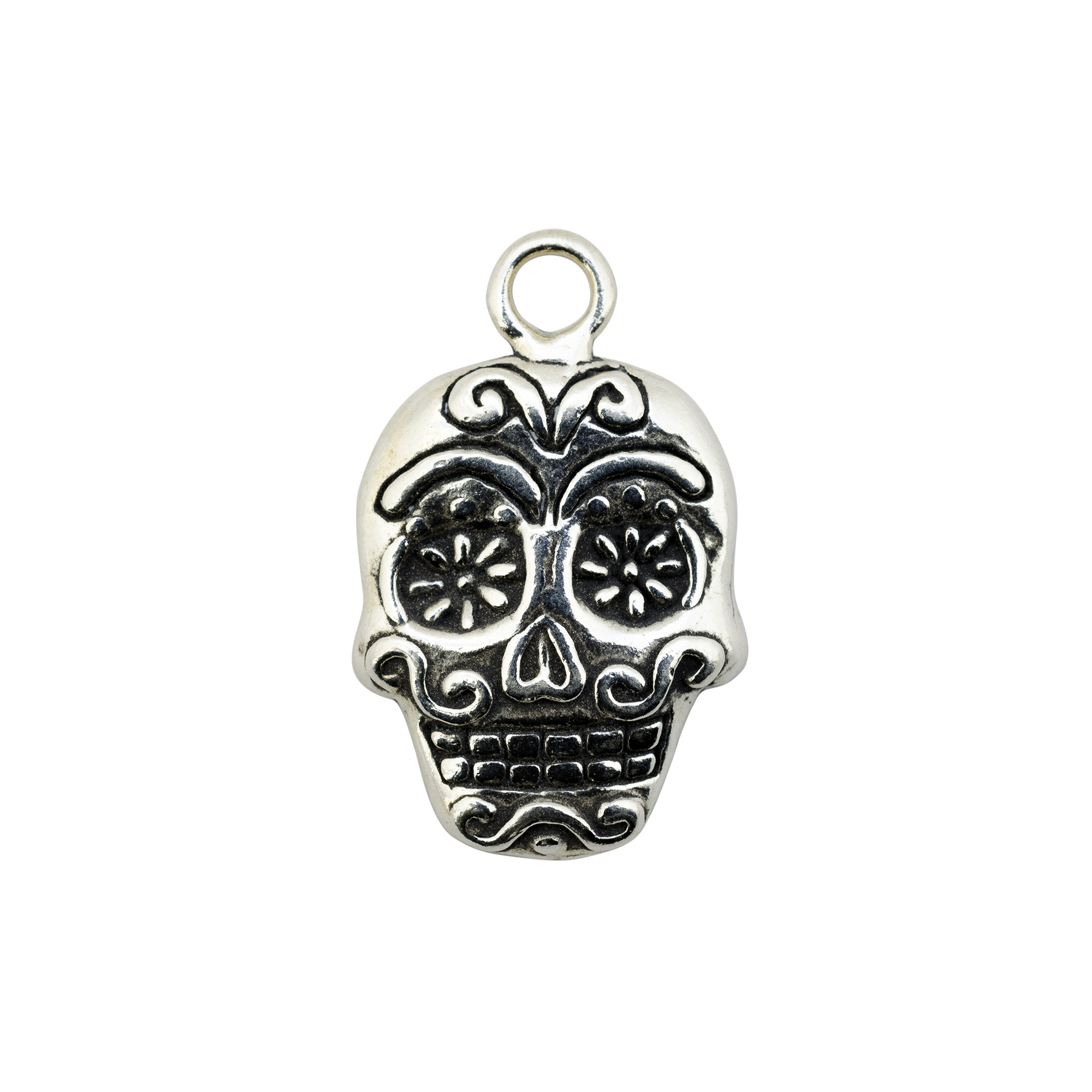 Silver Sugar Skull Charms | Day of The Dead Pendant | Mexican Halloween Jewelry Making | Silver Charm Supplies (3 Pcs / Tibetan Silver / 27mm x 27mm)