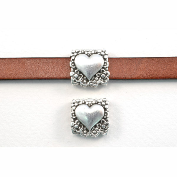 16mm Silvertone Square Hearts and Flowers Slider Bead
